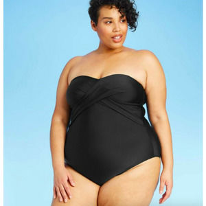 Kona Sol Women's Twist Front Bandeau One Piece Swimsuit 22W Black NWT